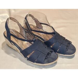 Abella True Comfort Women’s Blue Canvas Slip On Wedge Sandals Sz 8.5 M Slingback